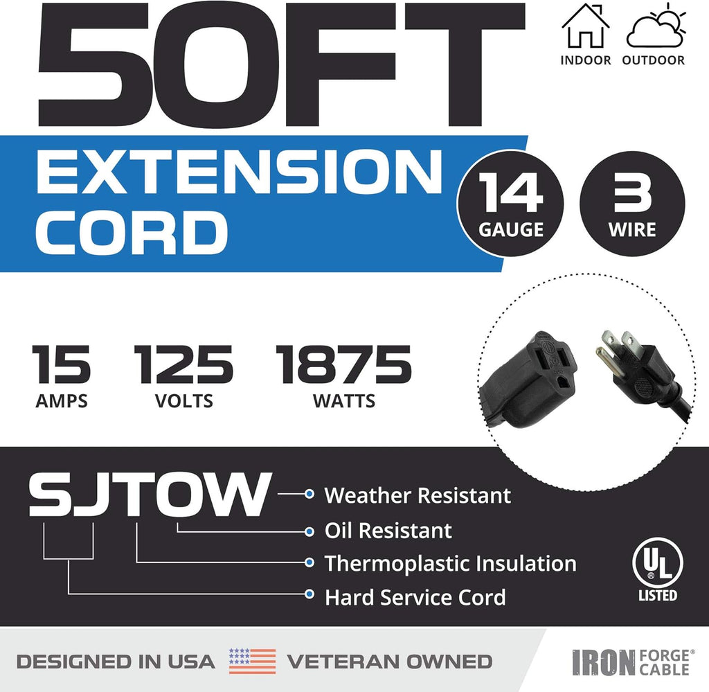 Black Oil Resistant 25 Ft Extension Cord 14/3 SJTOW Pack of 2 E774