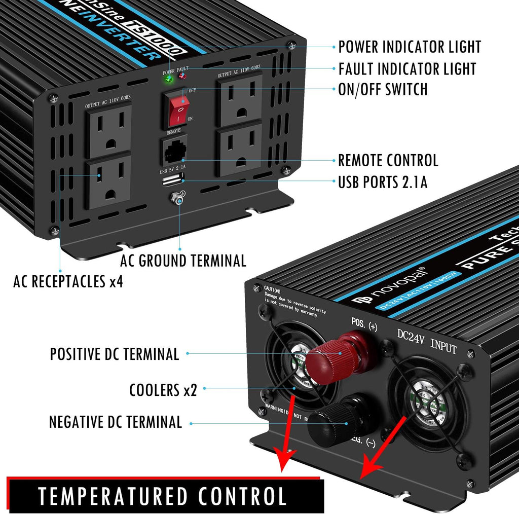 1500 watt Pure Sine Wave Power Inverter 12V to 110V/120V 4 AC Outlets B492813