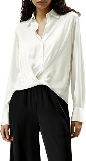 Silk Button Down Shirts Long Sleeve Twist Front Satin Blouse Tops P440
