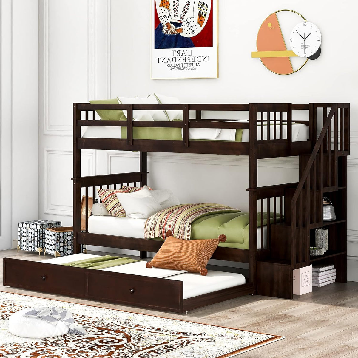 Espresso Twin Over Twin Wood Bunk Bed with Trundle and Storage N708