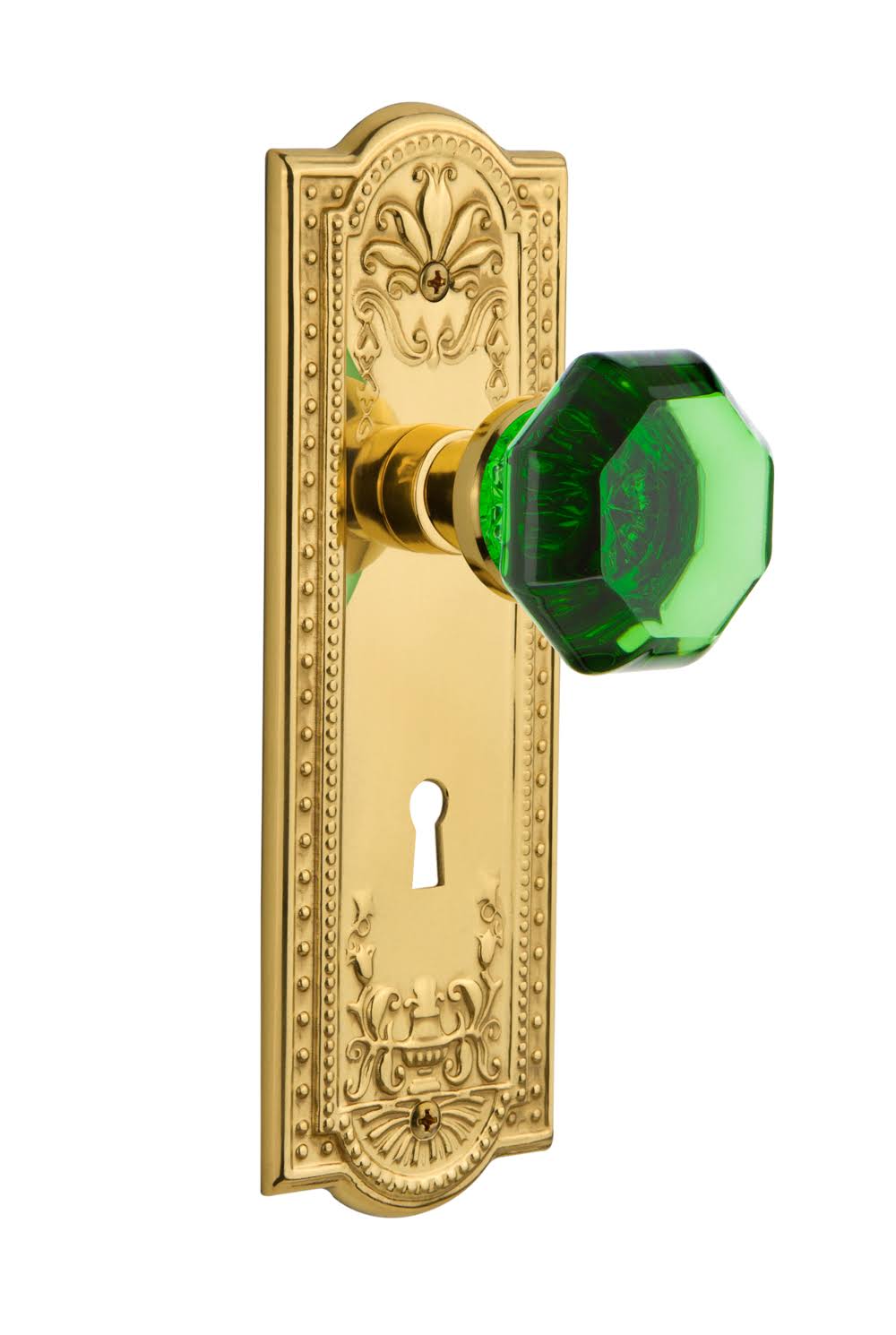 Passage Meadows Plate with Keyhole Waldorf Emerald Door Knob in Unlaquered Brass J767