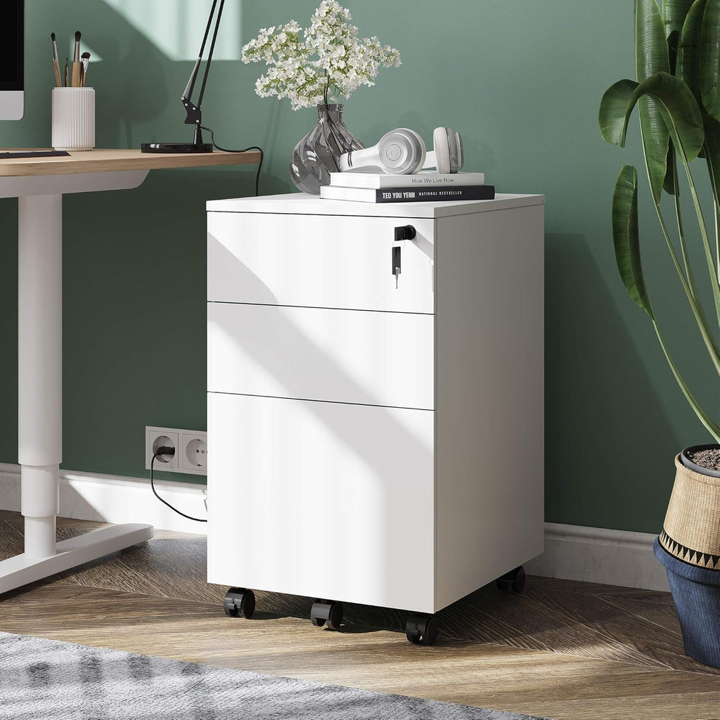 White 3 Drawer Wood Rolling File Cabinet with Lock X97905