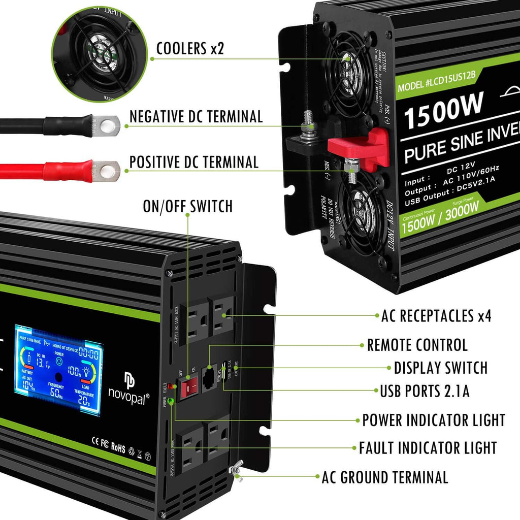 1500 watt Pure Sine Wave Power Inverter 12V to 110V/120V 4 AC Outlets B492813