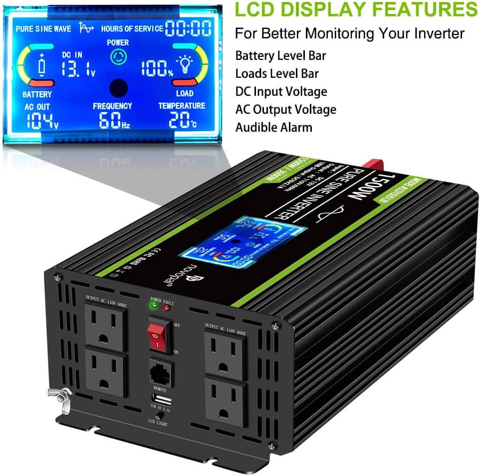 1500 watt Pure Sine Wave Power Inverter 12V to 110V/120V 4 AC Outlets B492813