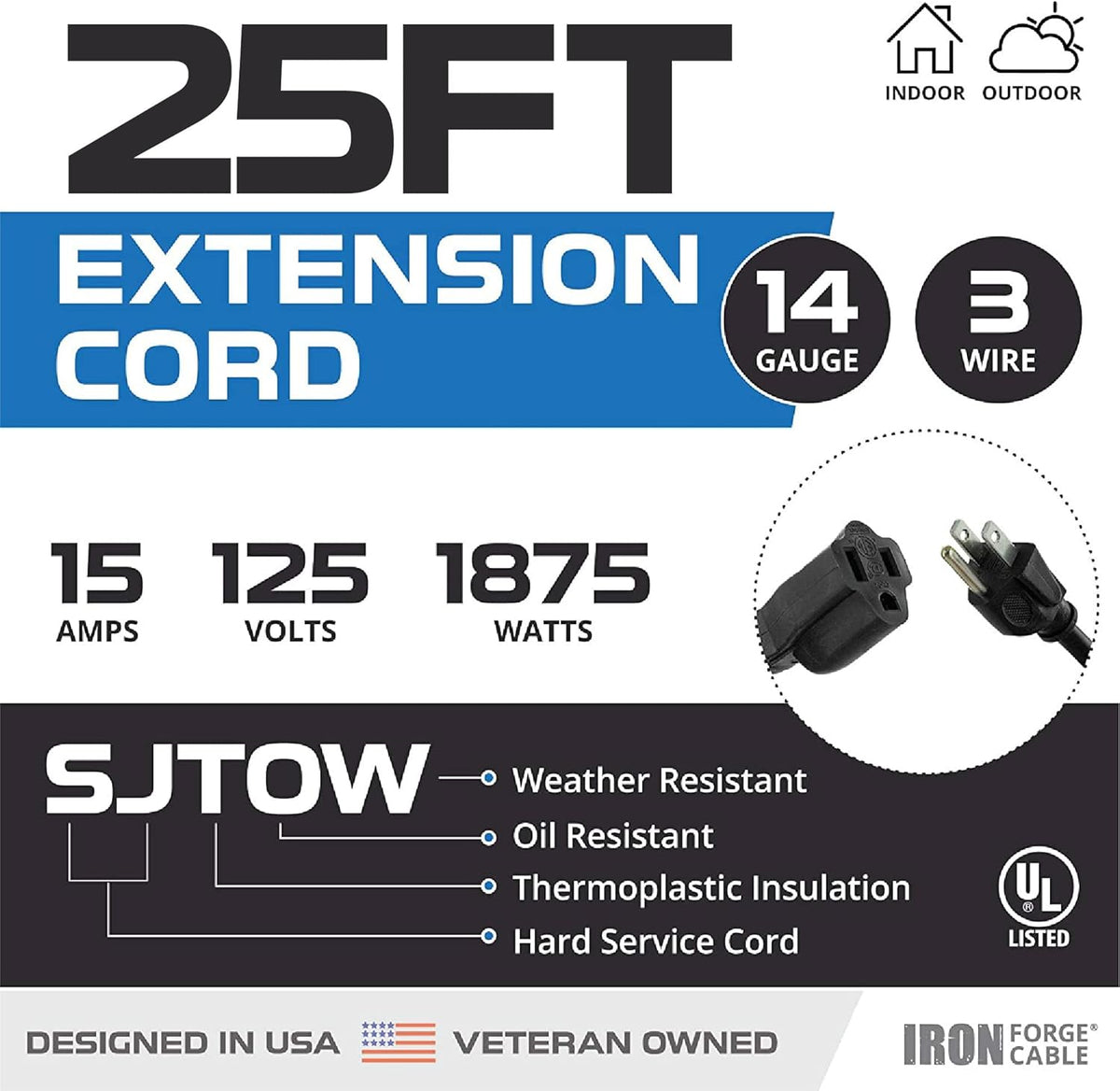 Black Oil Resistant 25 Ft Extension Cord 14/3 SJTOW Pack of 2 E774