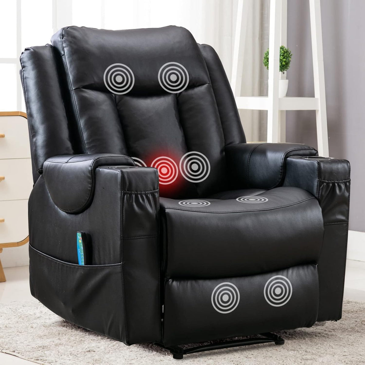 Black Faux Leather Manual Recliner Chair with Heat and Vibration P5599