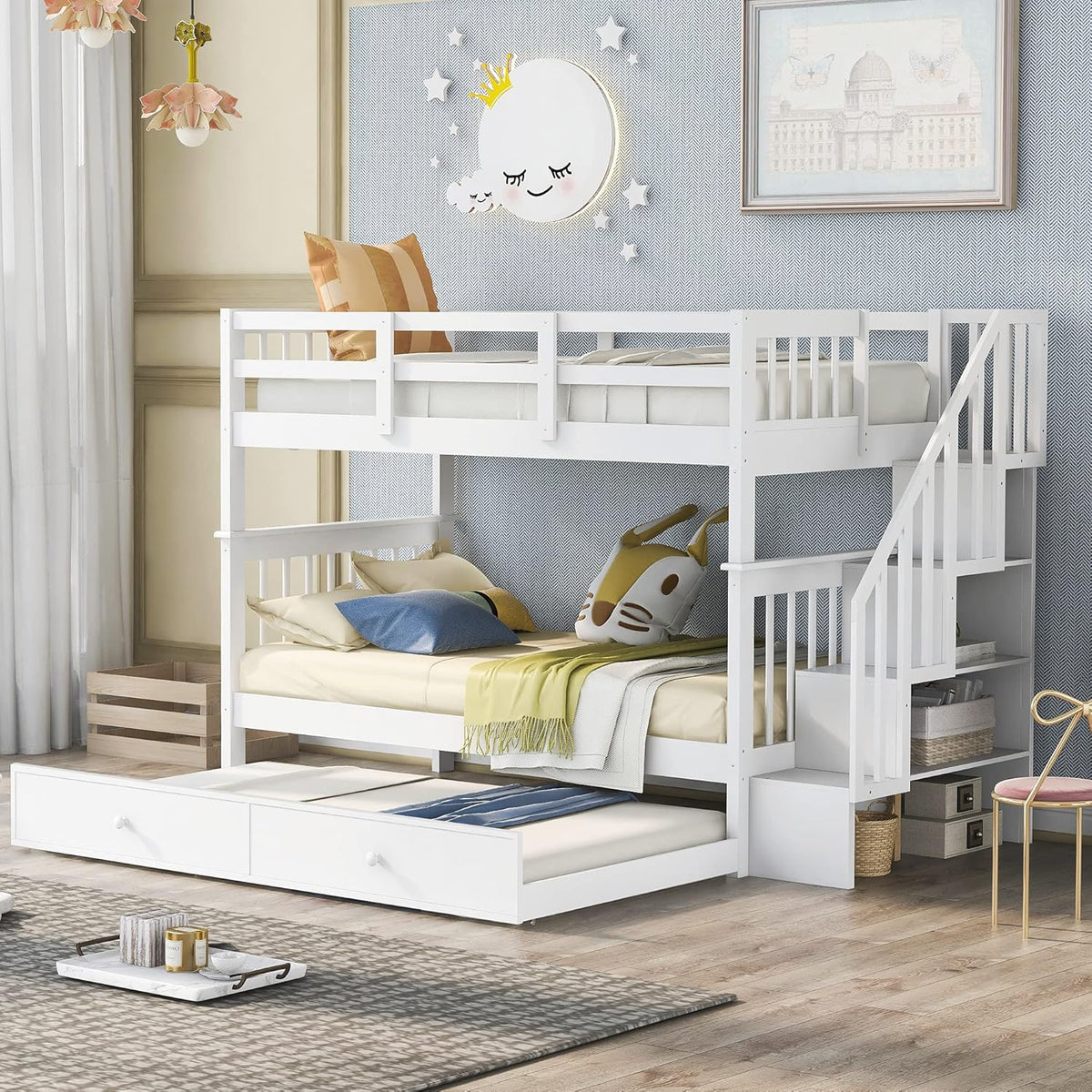 Espresso Twin Over Twin Wood Bunk Bed with Trundle and Storage N708