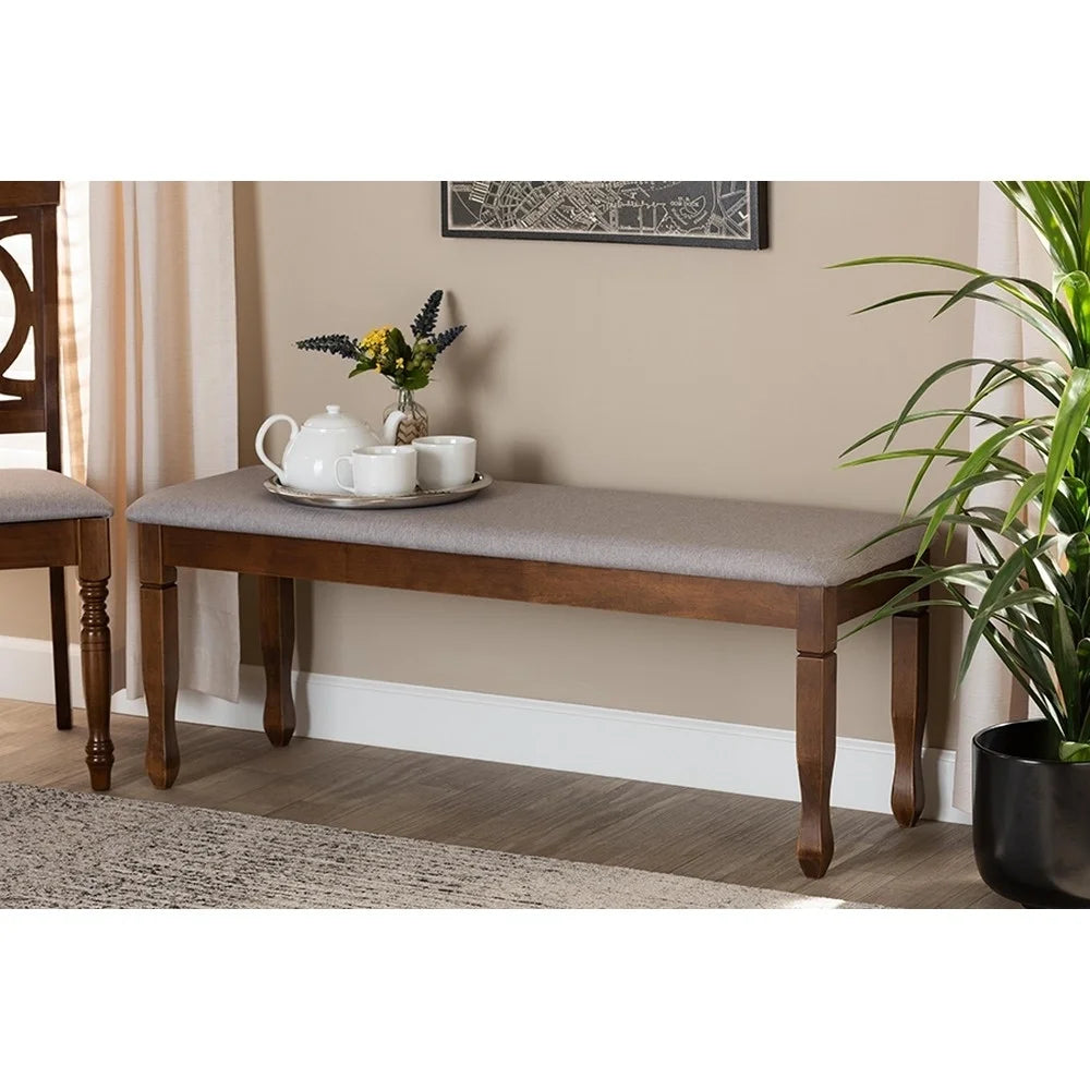Grey Fabric Upholstered Walnut Brown Wood Dining Bench C5021