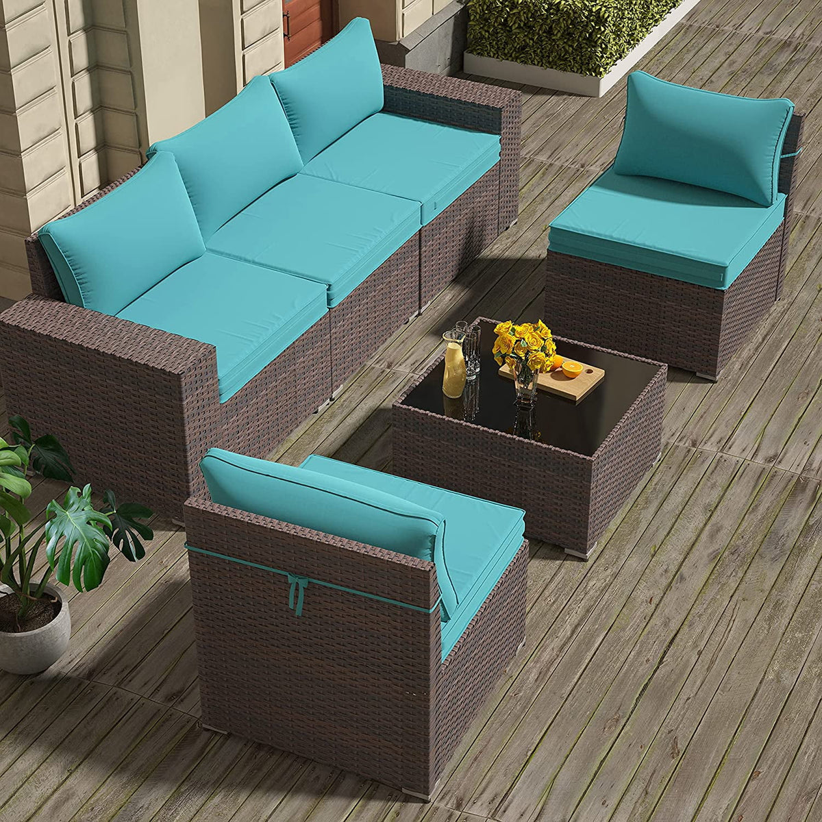 6 Pieces PE Rattan Wicker Patio Sofa Set with Cushions & Coffee Table A52172
