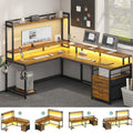 L Shaped Desk with LED Light and File Drawer Q898597