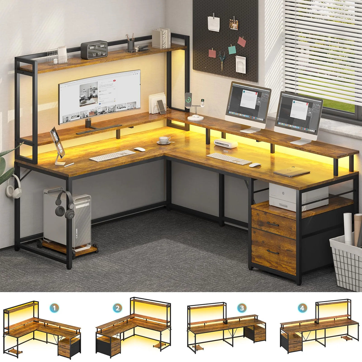 L Shaped Desk with LED Light and File Drawer Q898597