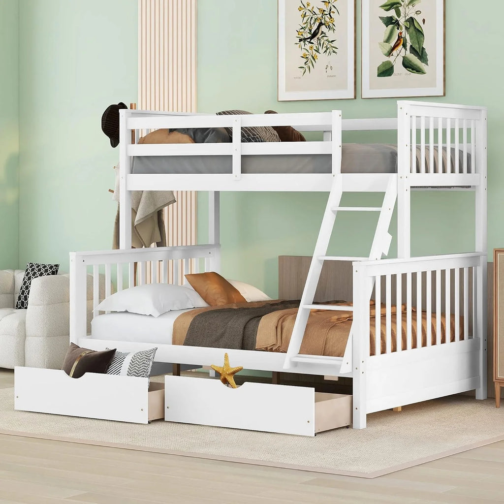 White Full Solid Wood Bed with Drawers and Ladders A64966