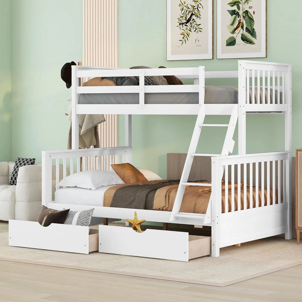 White Full Solid Wood Bed with Drawers and Ladders A64966