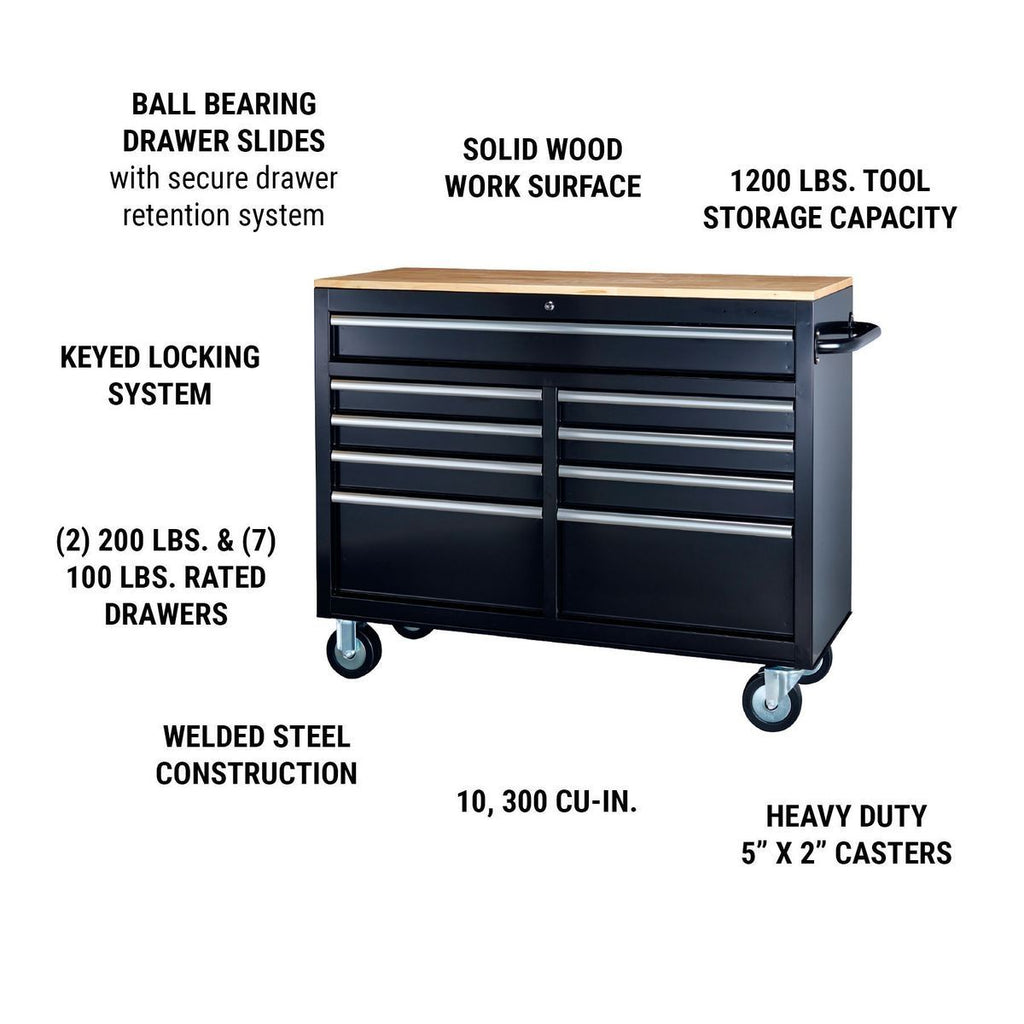 Black 9-Drawer Mobile Storage Cabinet with Solid Wood Top S6745