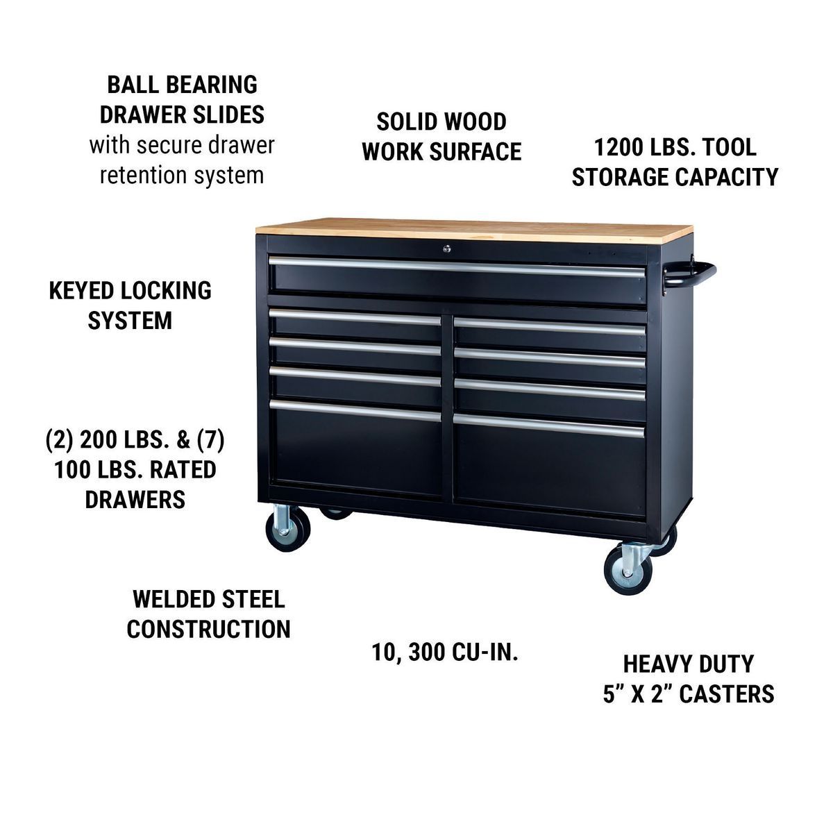 Black 9-Drawer Mobile Storage Cabinet with Solid Wood Top S6745