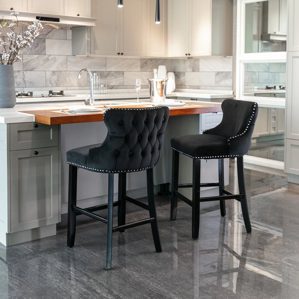 Black Velvet Upholstered Bar Stools Set of 2 Y828