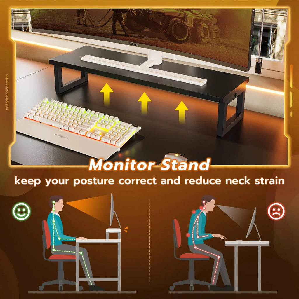 Black L Shaped Desk with LED Lights and Storage Shelves P573
