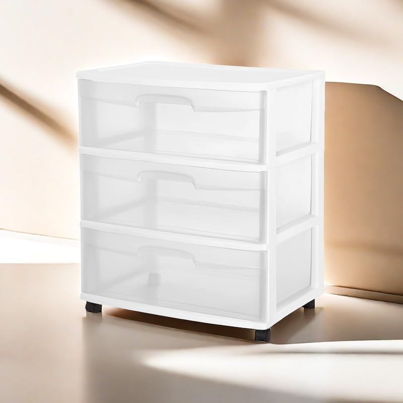 Rolling Plastic Storage Drawer Cart with 3 Clear Drawers, White R414
