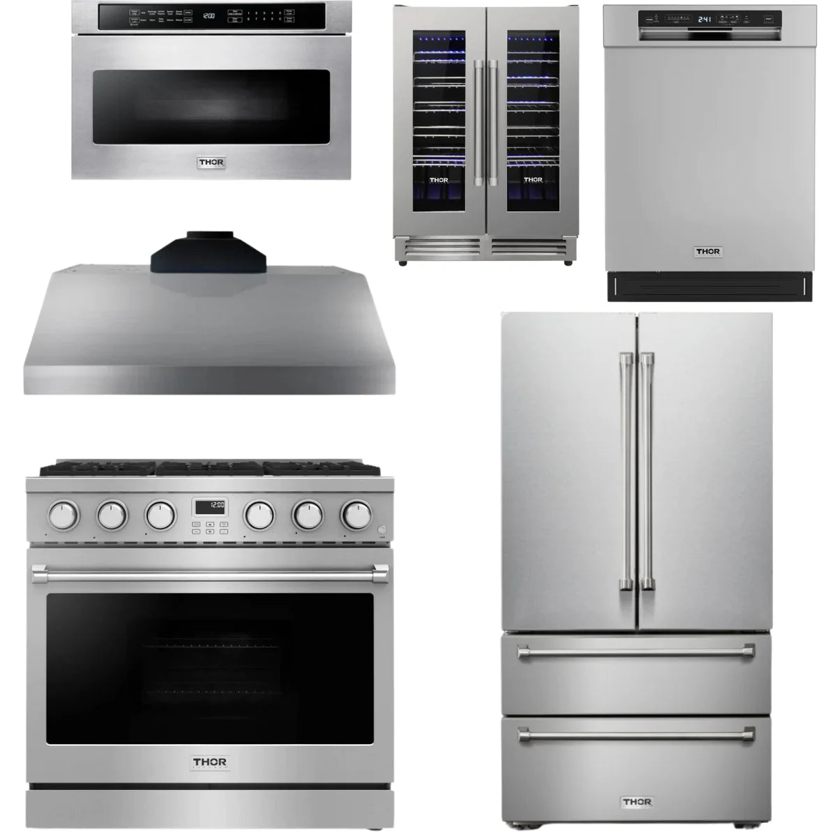 36 Gas Range, Range Hood, Refrigerator, Dishwasher, Microwave and Wine Cooler T77199