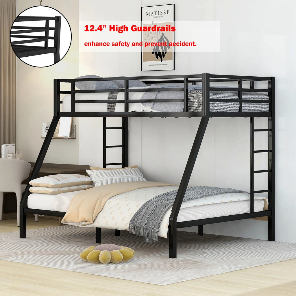 Black Twin XL over Queen Metal Bunk Bed with Ladder and Guardrails Y317