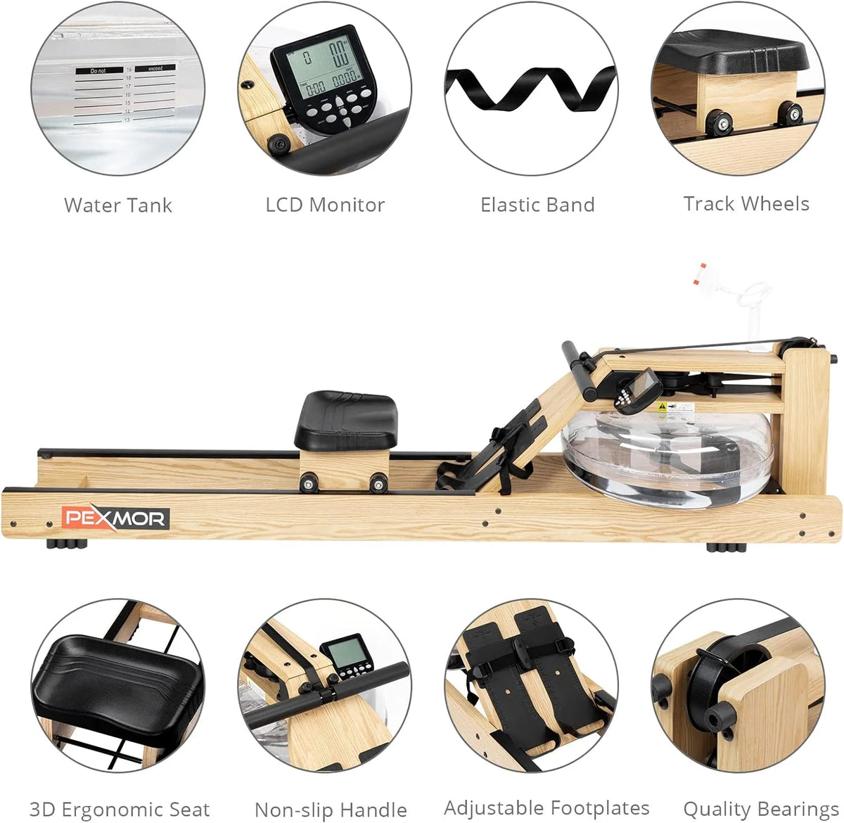 Oak Wood Water Rowing Machine with LCD Monitor N865