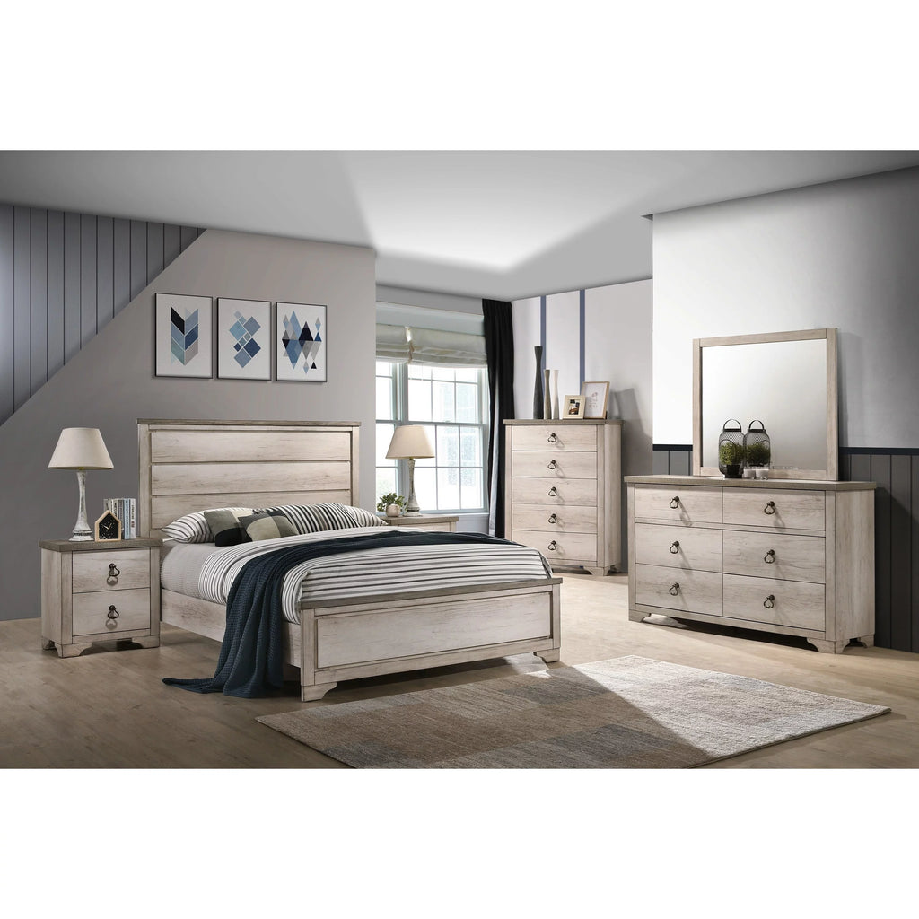 5pc Queen Size Bed Dresser Mirror Nightstands Set Beige Wooden Bedroom Furniture U2554