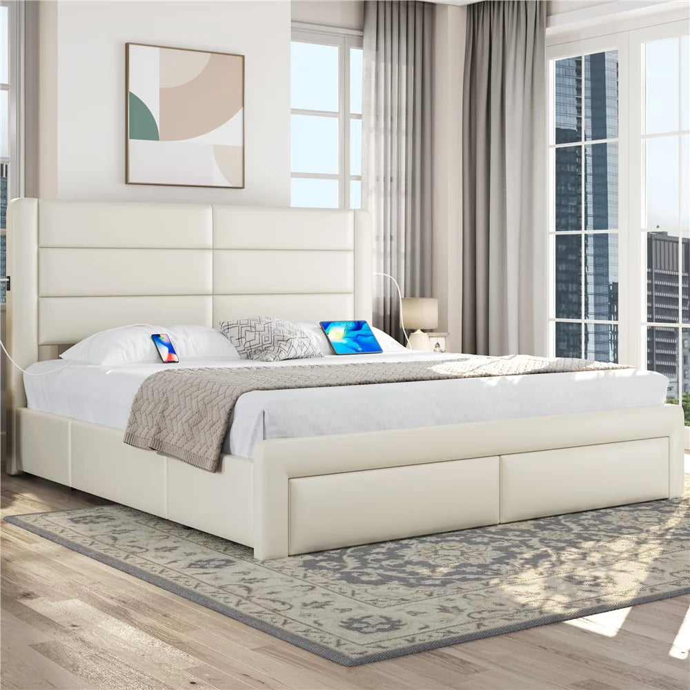 Beige Upholstered Platform Bed with 3 Storage Drawers and USB Ports I230821