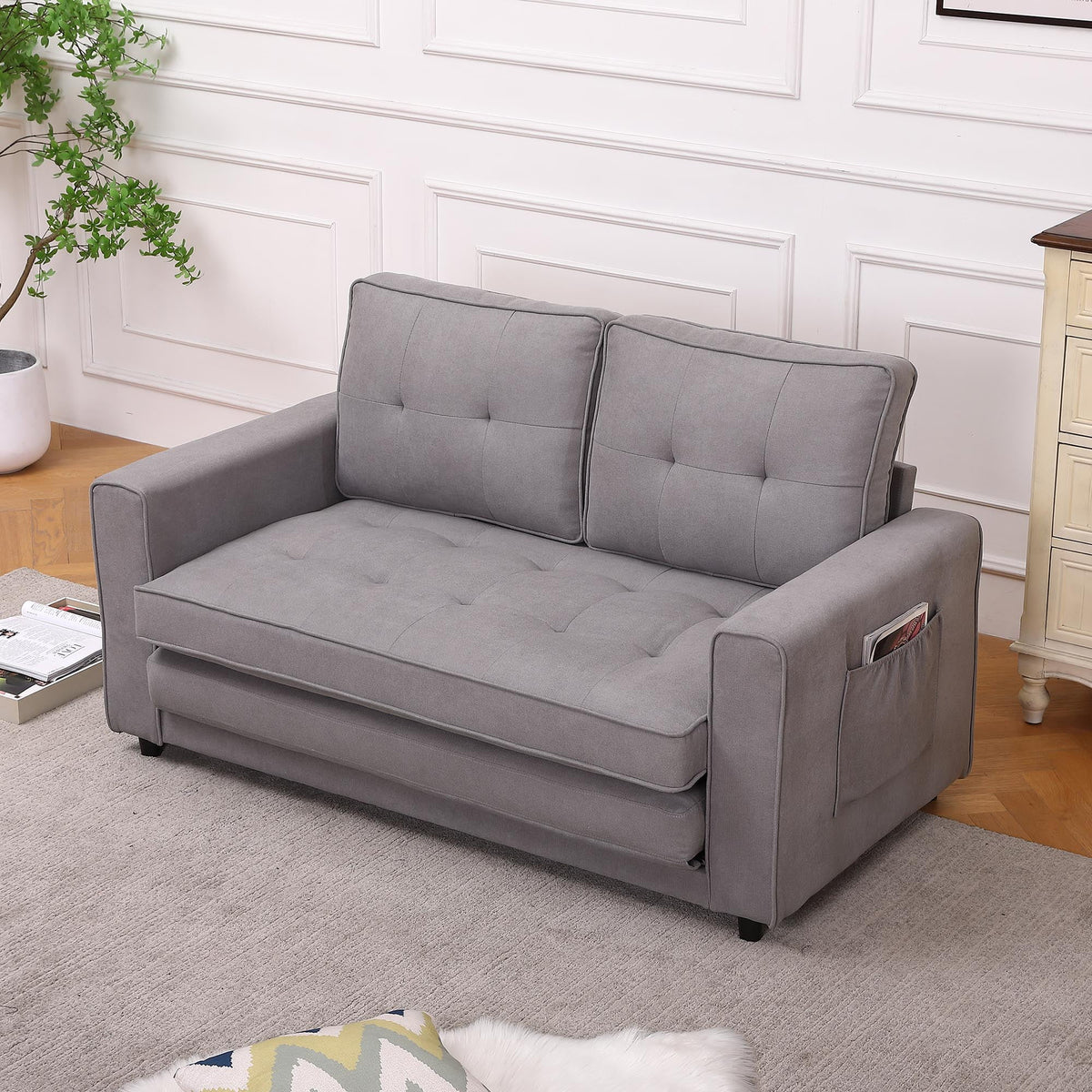 Upholstered Convertible Futon Sofa Bed with Side Pockets B829