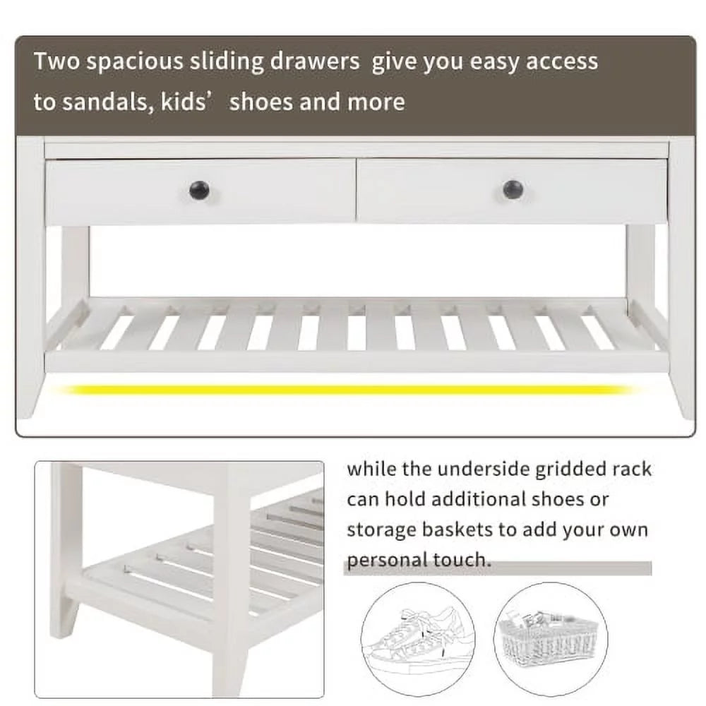 White Shoe Rack with Cushioned Seat and Drawers W176