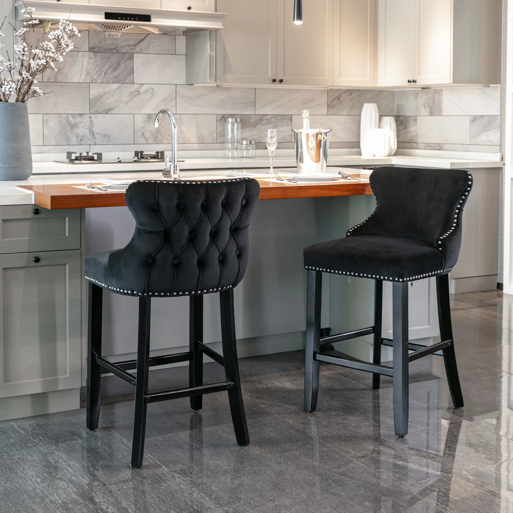 Black Velvet Upholstered Bar Stools Set of 2 Y828