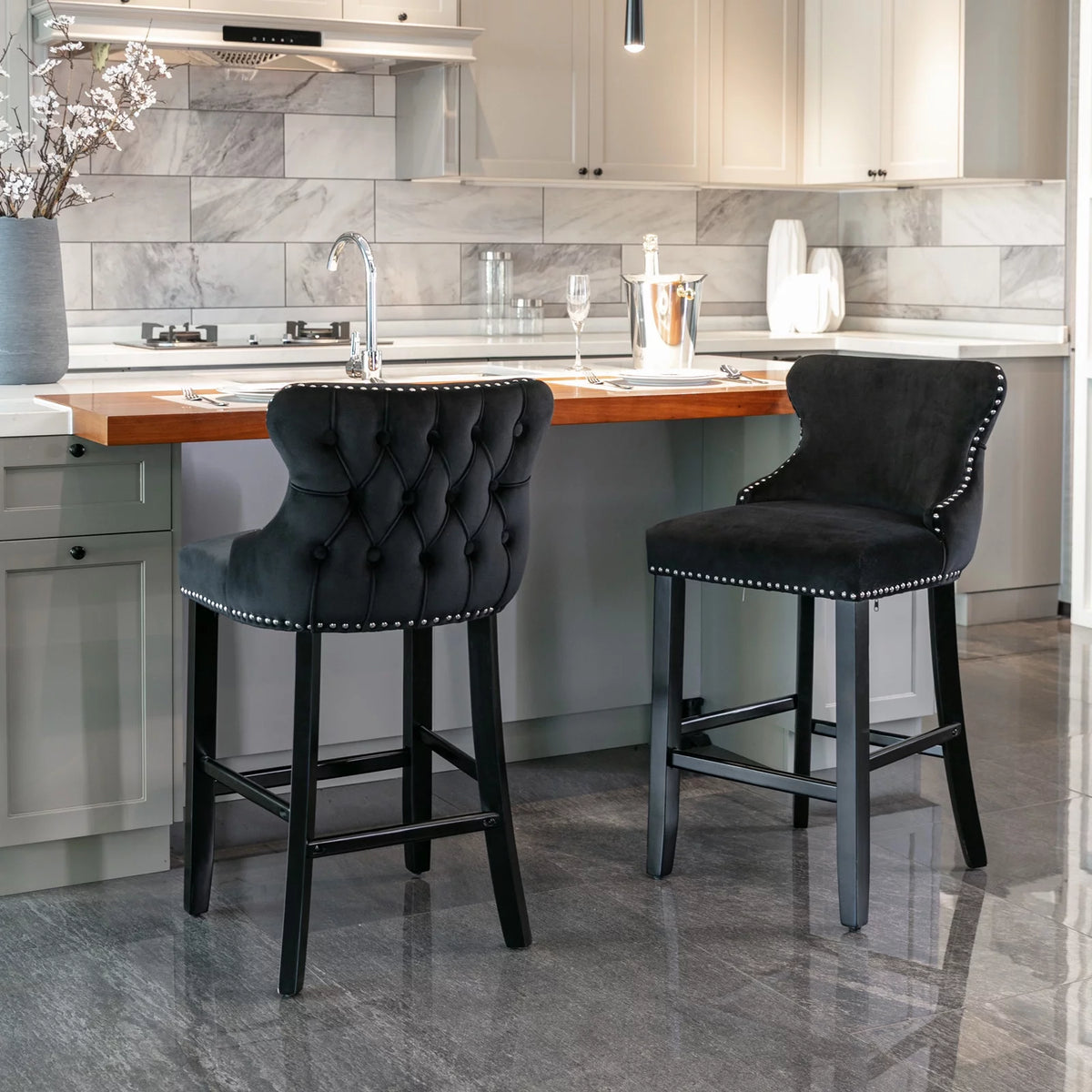 Black Velvet Upholstered Bar Stools Set of 2 Y828