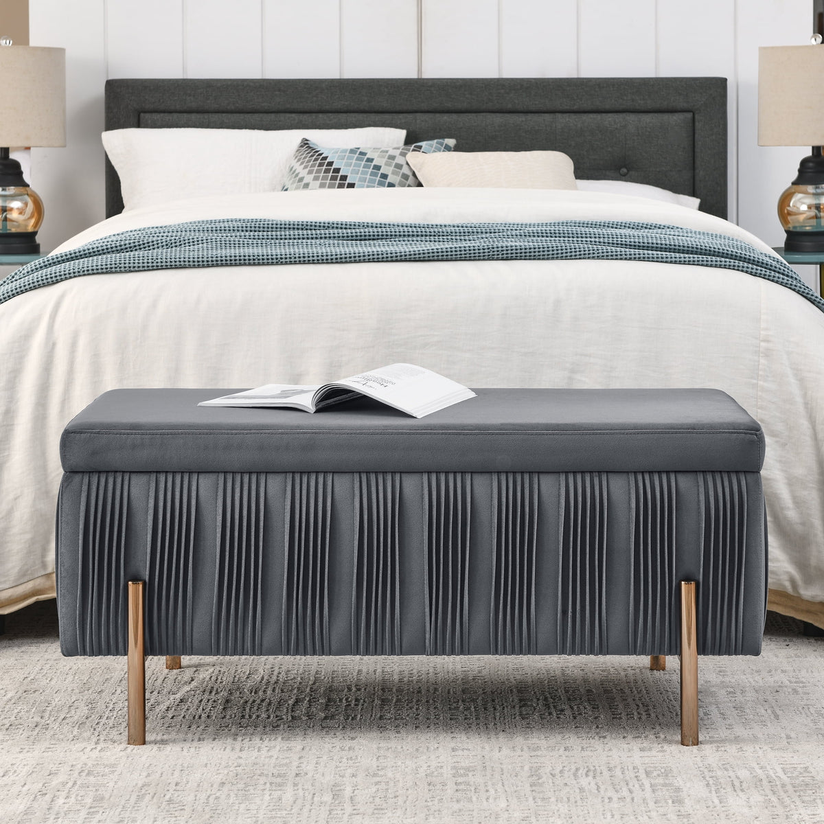 Grey Velvet Upholstered Storage Bench X289041