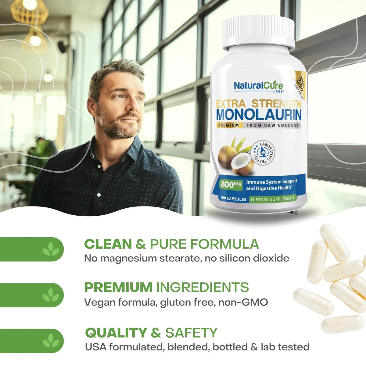 800mg Monolaurin Capsules 100 Count Vegan Non-GMO Gluten Free Supplement T812