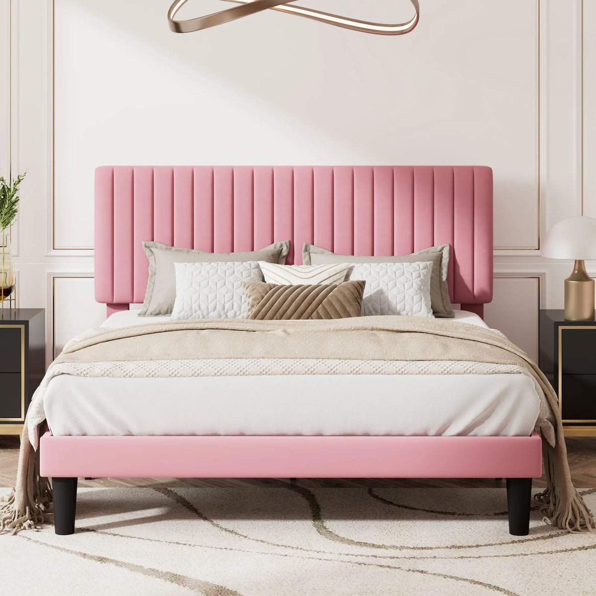 Queen Size Upholstered Platform Bed Frame with Velvet Headboard P376