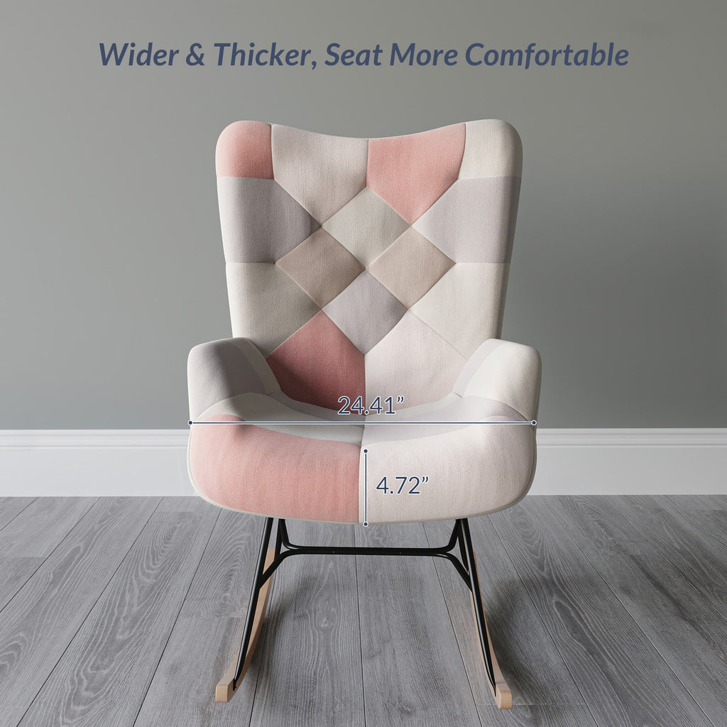 Colorful Patchwork Linen Tufted Rocking Chair with Solid Wood Legs K683