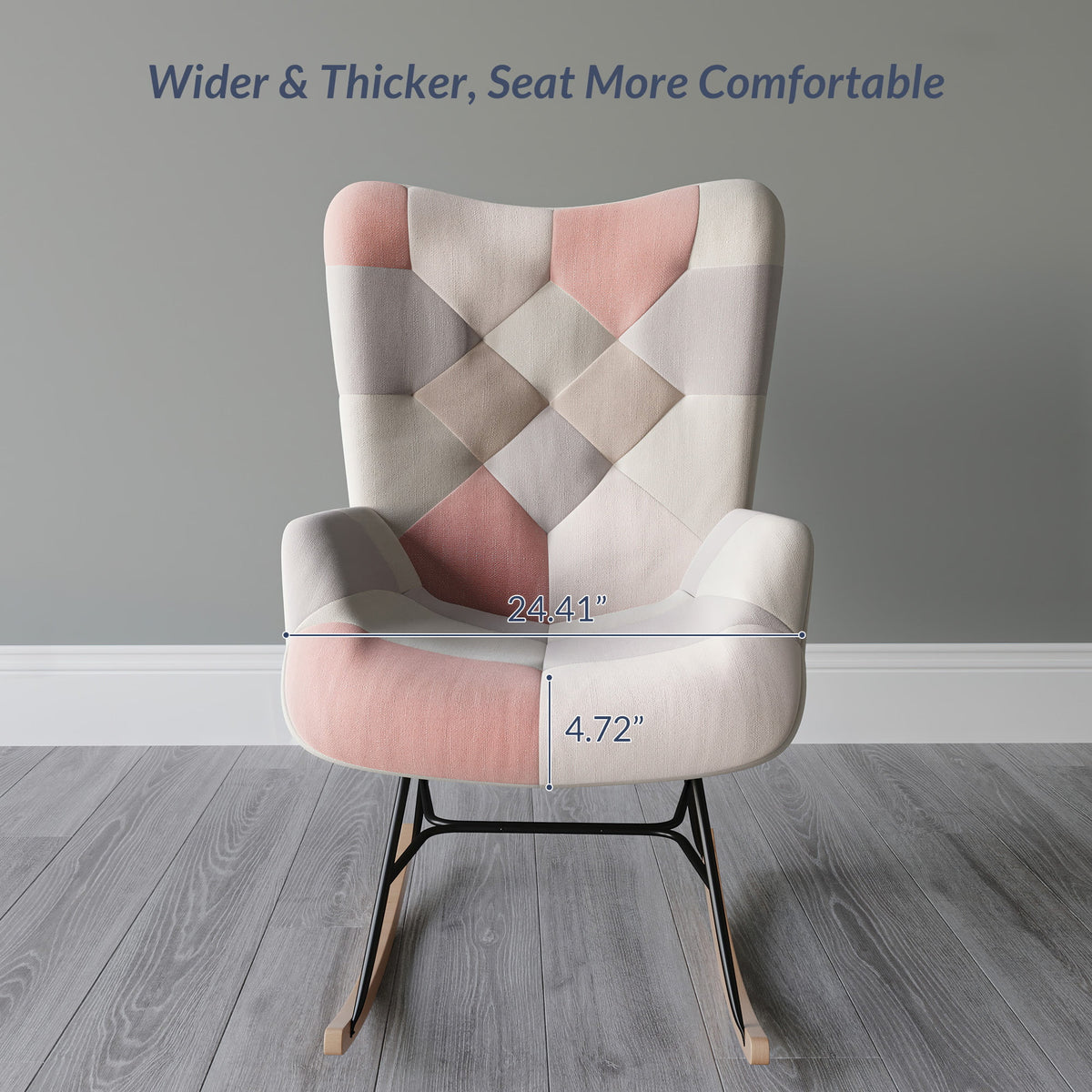 Colorful Patchwork Linen Tufted Rocking Chair with Solid Wood Legs K683