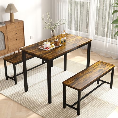 3-Piece Grey Dining Table Set with 2 Benches F180545