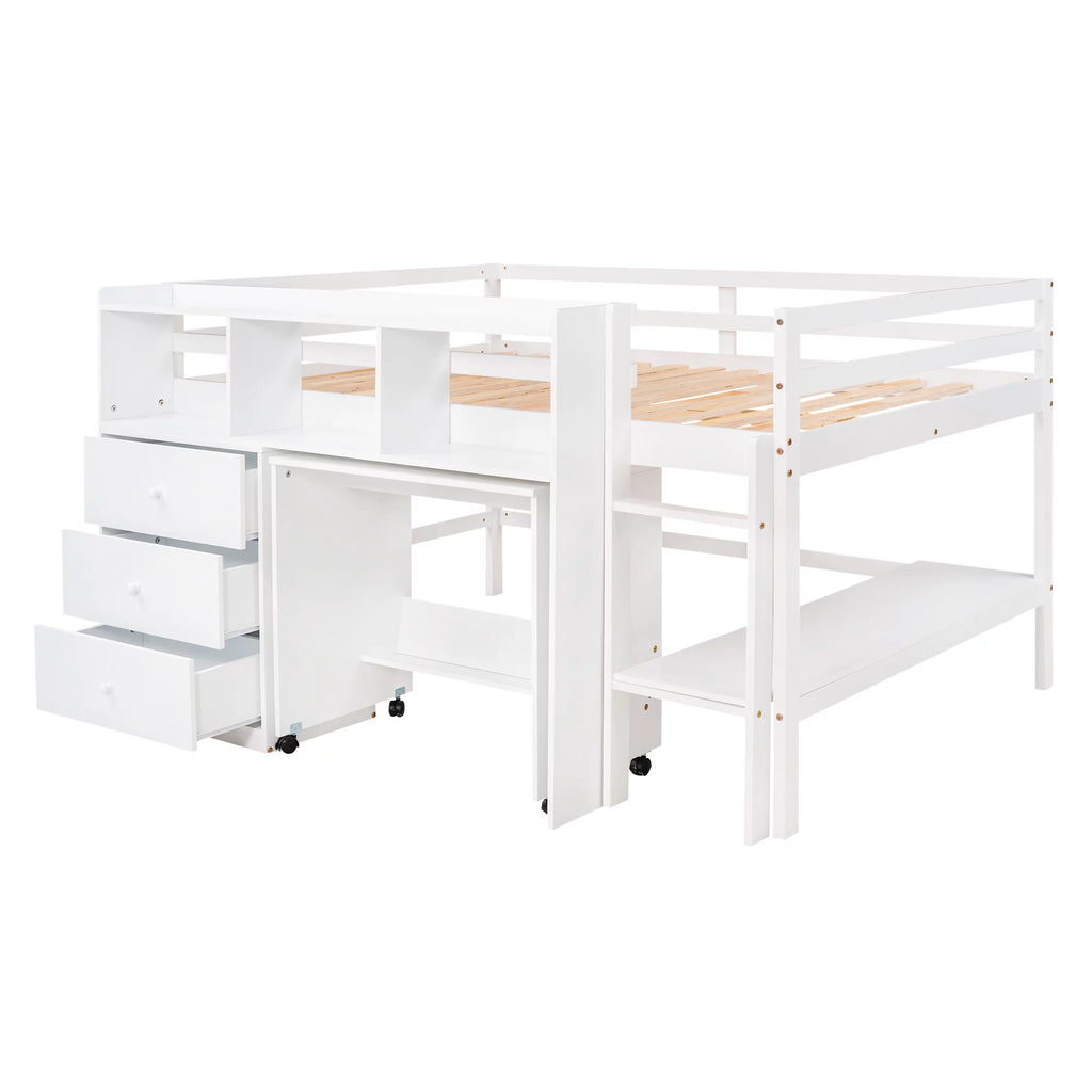 White Wood Full Size Low Loft Bed Frame with 3 Storage Drawers V442121