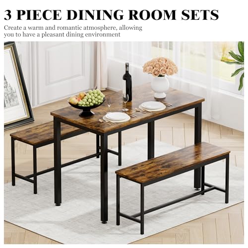 3-Piece Grey Dining Table Set with 2 Benches F180545