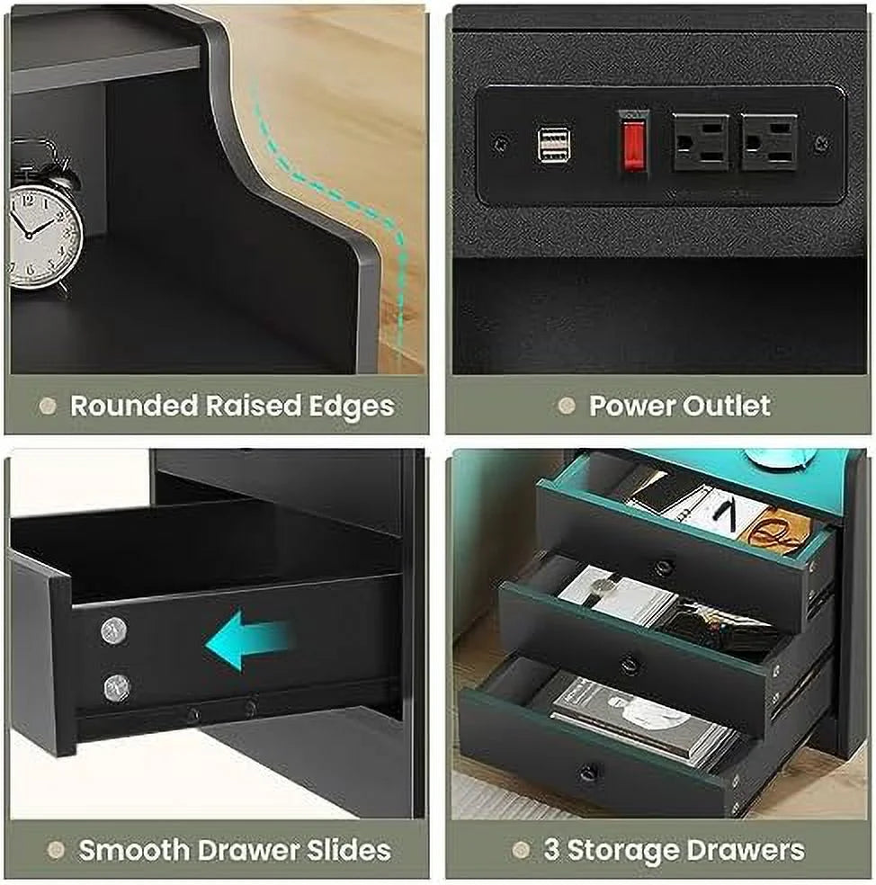 Grey Nightstand with Charging Station and 3 Drawers N476614