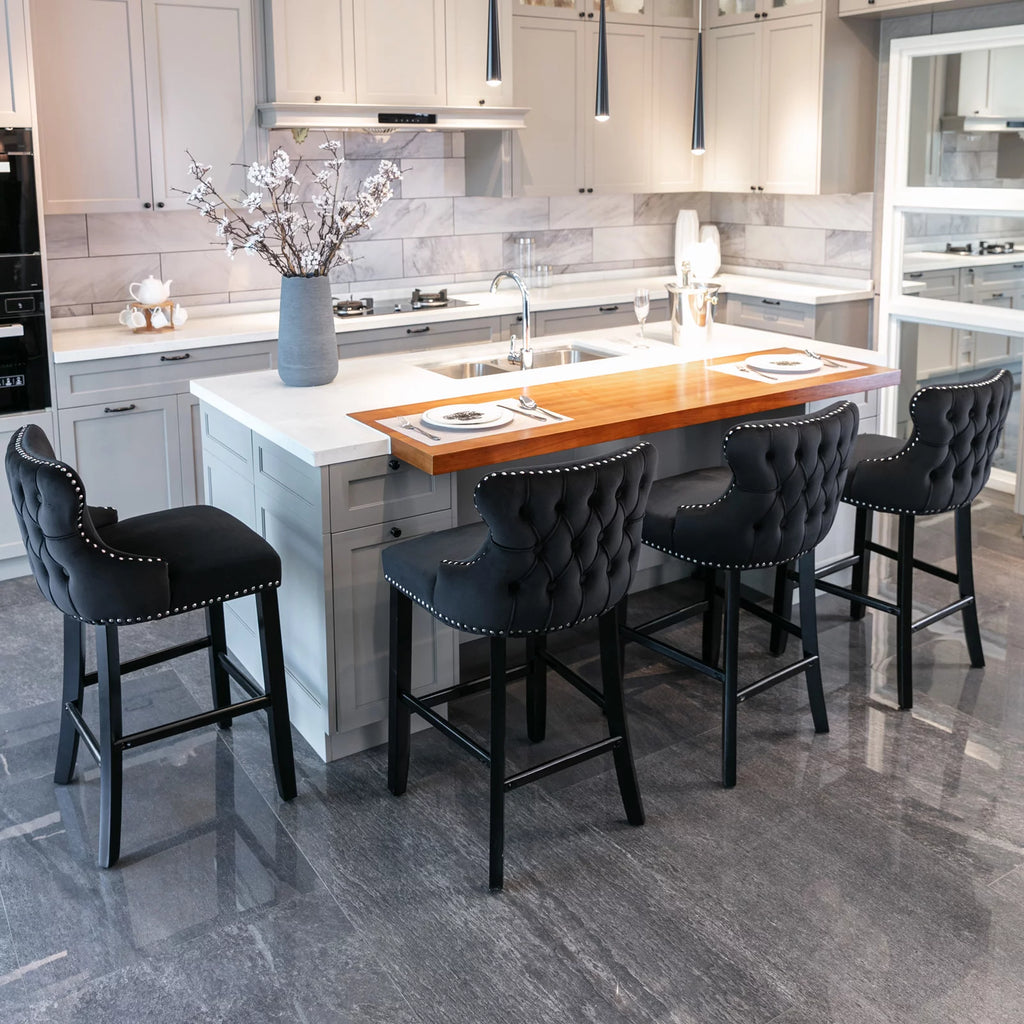Black Velvet Upholstered Bar Stools Set of 2 Y828