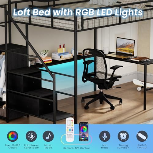 Black Full Size Loft Bed with L-Shaped Desk and Stairs H314556