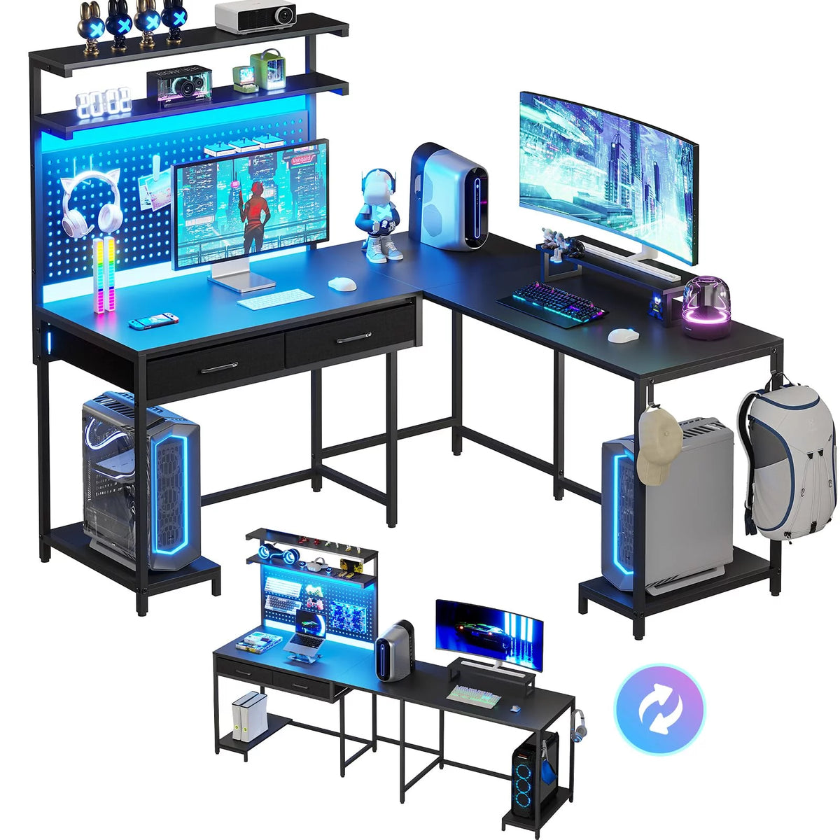 Black L Shaped Desk with LED Lights and Storage Shelves P573