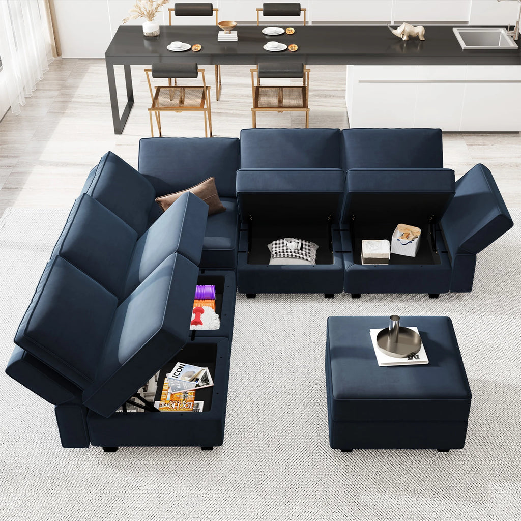 Blue Velvet L Shaped Sectional Sofa with Storage M9316