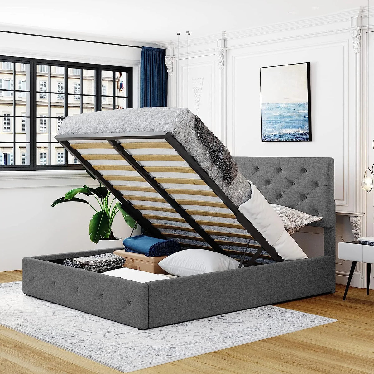 Queen Size Grey Upholstered Platform Bed with Lift Up Storage C767