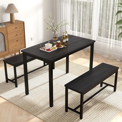 3-Piece Grey Dining Table Set with 2 Benches F180545