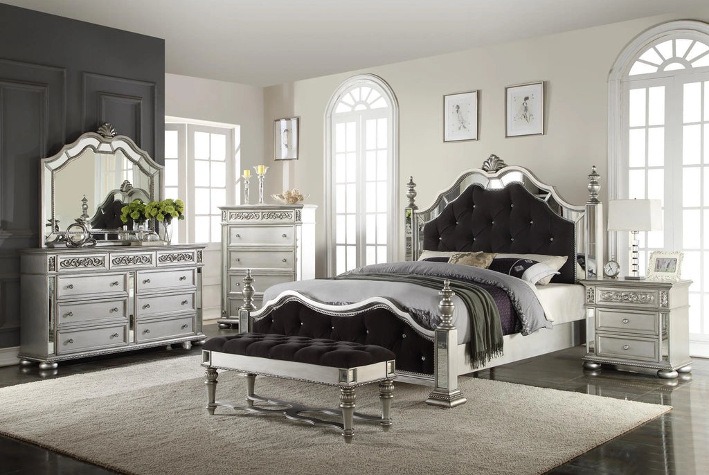 Black Silver Mirror Queen Poster Bed H8892