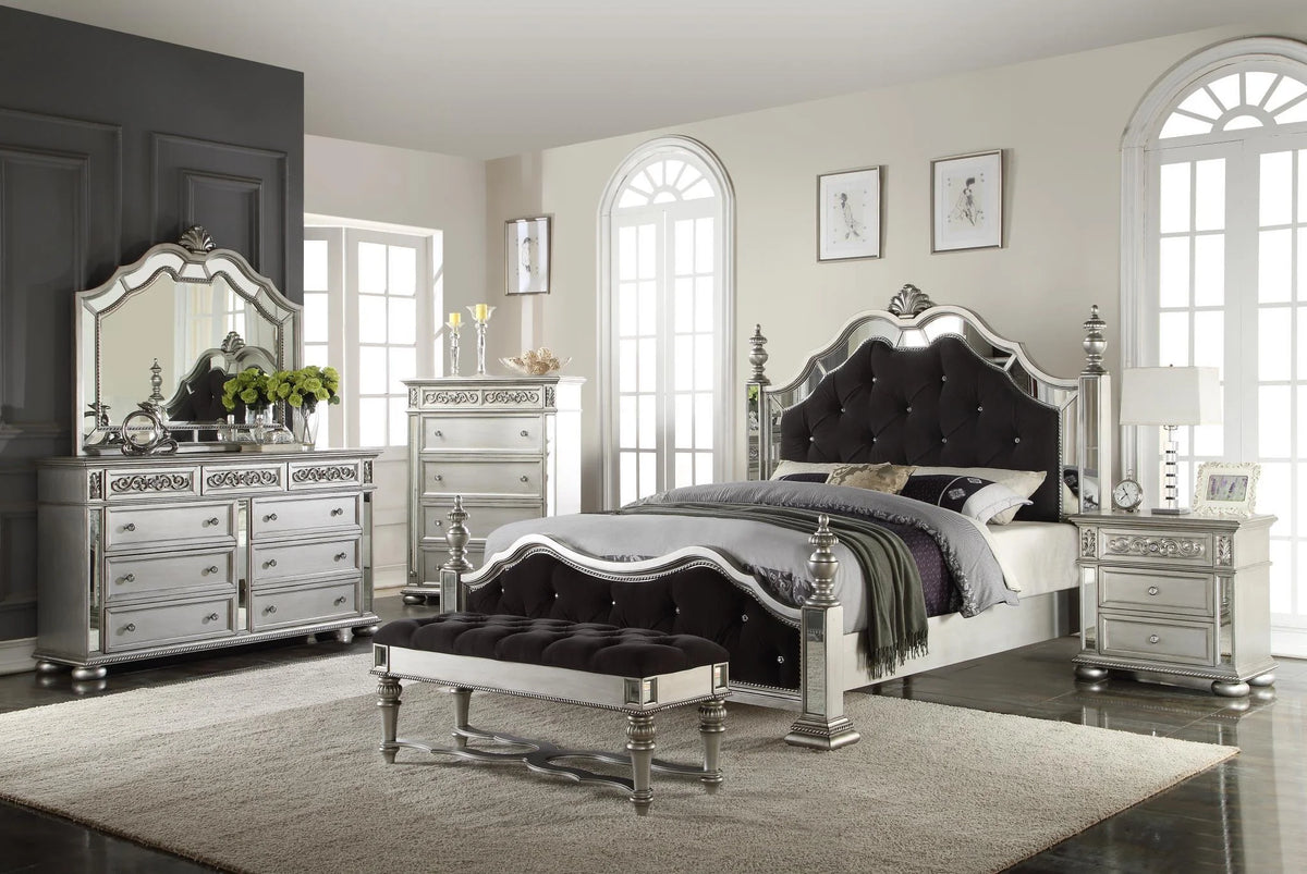 Black Silver Mirror Queen Poster Bed H8892