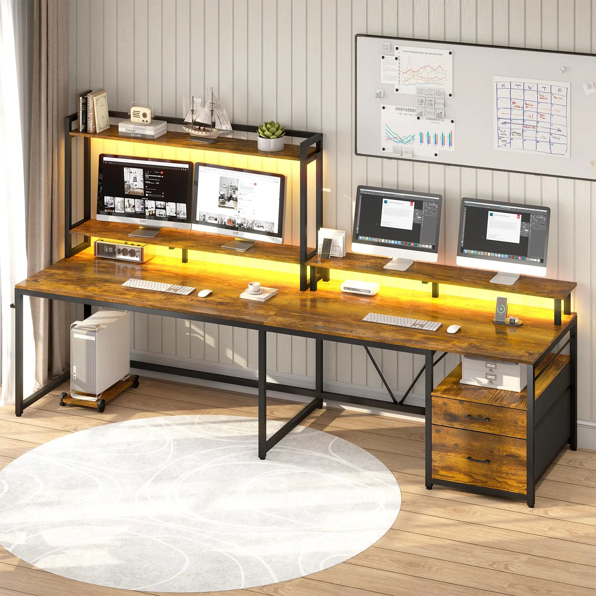 L Shaped Desk with LED Light and File Drawer Q898597