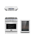 3 Piece Kitchen Appliance Package with Gas Range Range Hood and Wine Refrigerator M6183